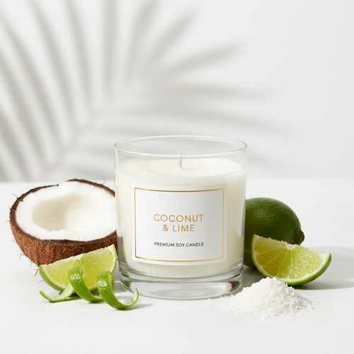 Premium Coconut and Lime scented candle in a glass jar with tropical props
